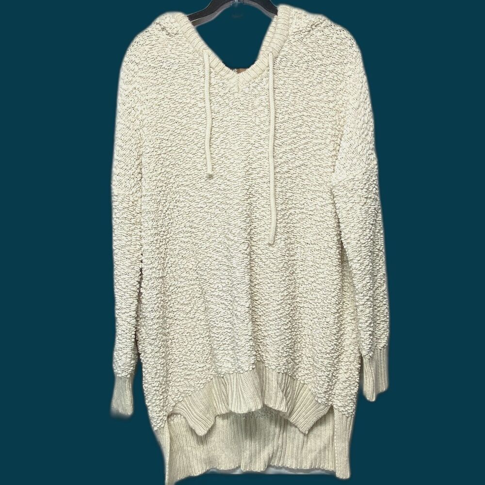 POL Large Cream Popcorn Boucle Knit Hooded Long Tunic Dress Sweater Size Large